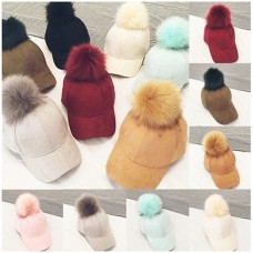 Mujer Faux Fox Fur Pompom Ball Suede Adjustable Baseball Cap HipHop Hat Winter  eb-09771019